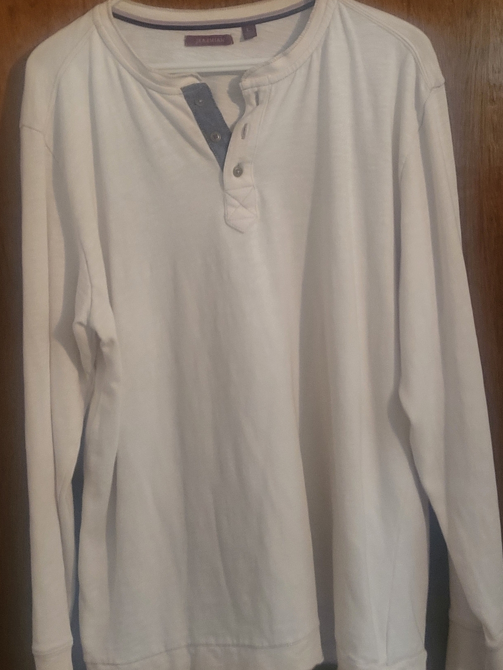 Jeramia White Long-Sleeve Henley with Blue Placket Detail